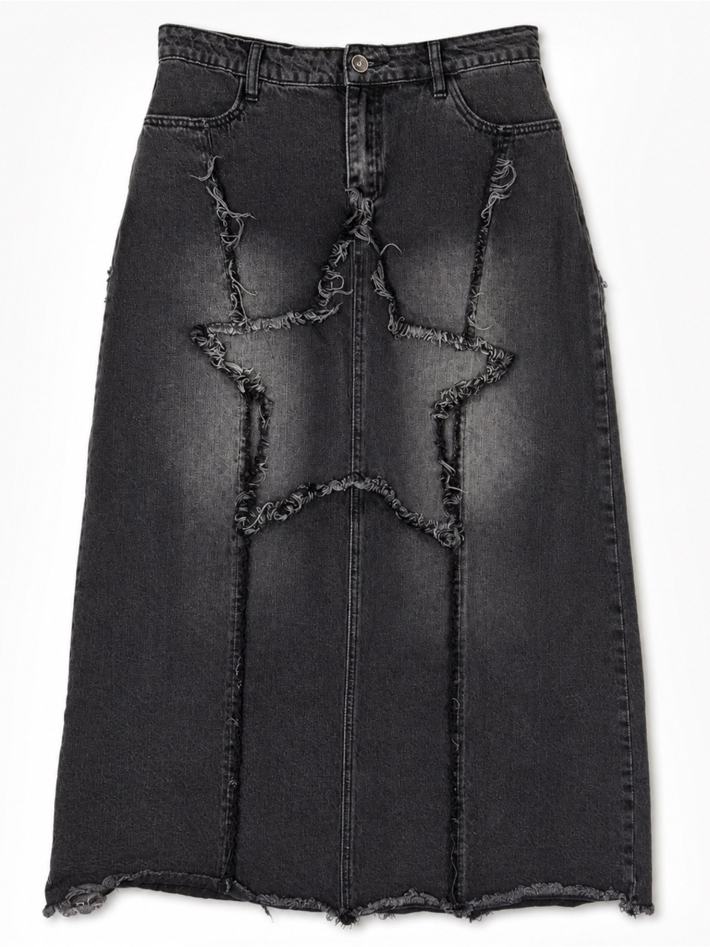 Social Collision Black Star Patchwork Denim Midi Skirt Grunge Goth Y2K M